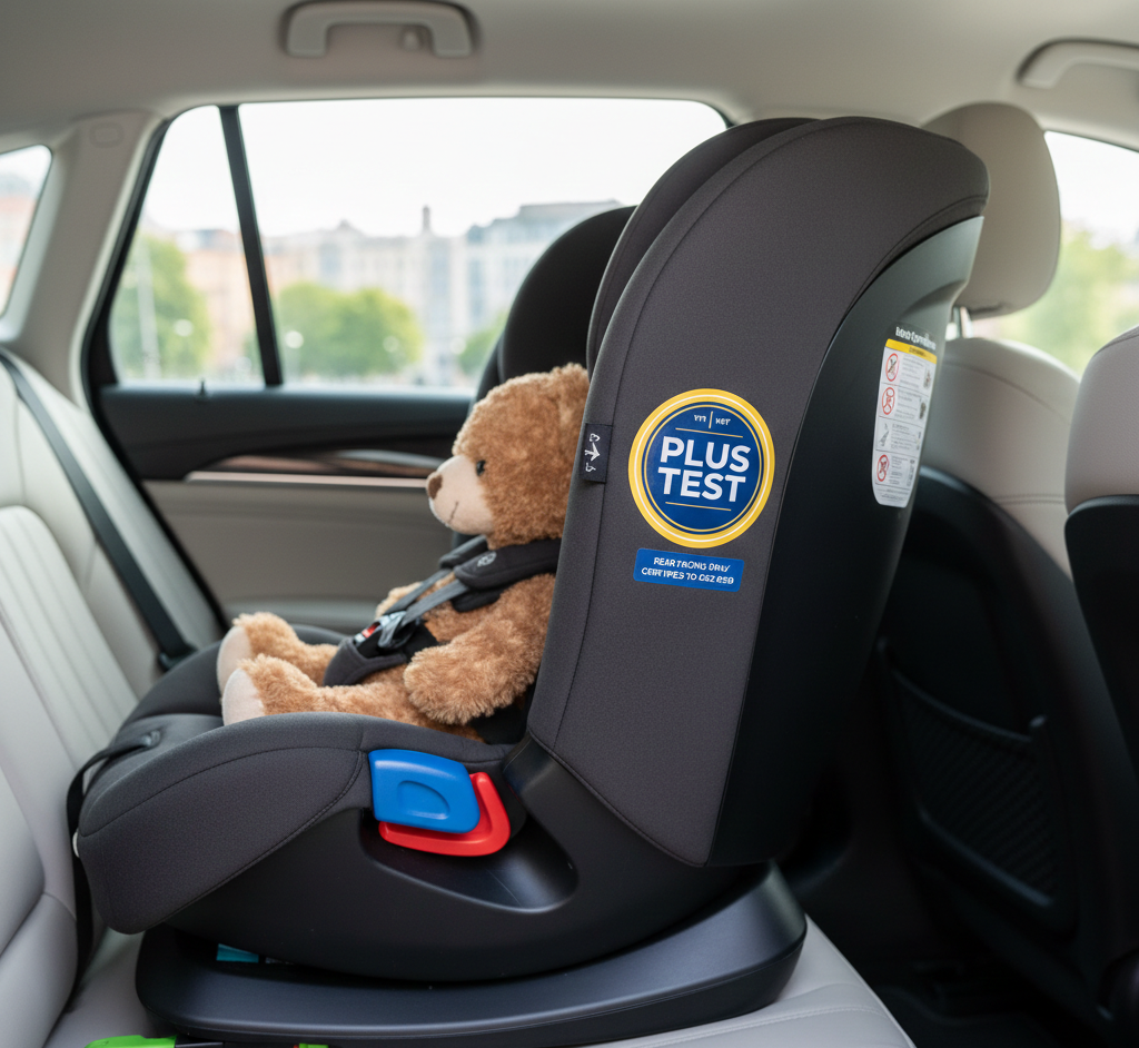 Silla de coche a contramarcha con el sello oficial Plus Test instalada en un vehículo
