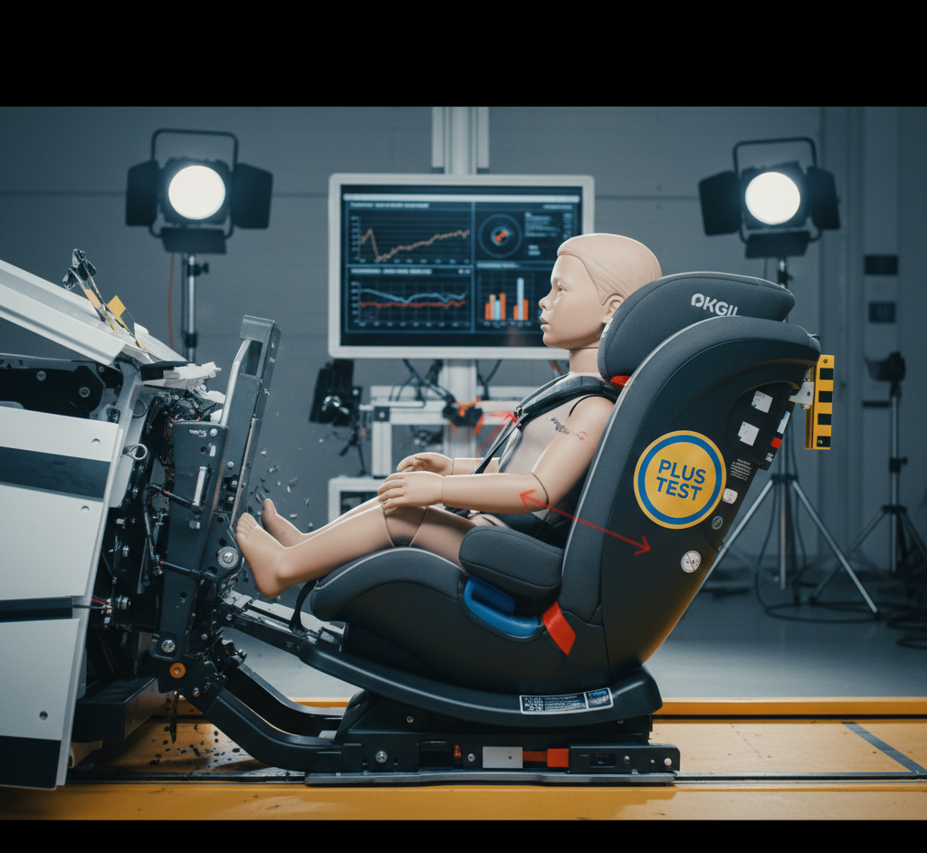 Maniquí infantil en un crash test simulando un impacto frontal para el Plus Test sueco
