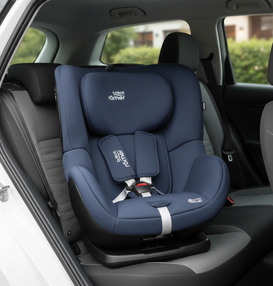 Silla de coche Britax Römer Dualfix Plus azul marino vista frontal instalada con ISOFIX